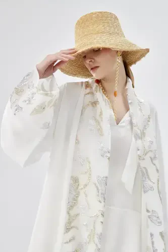 Brocard Trimmed Abaya White & Shawl-white - 3