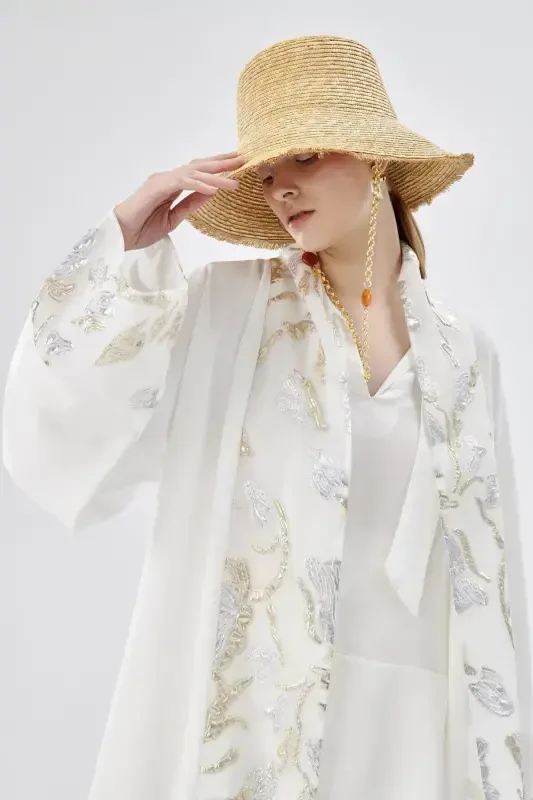 Brocard Trimmed Abaya White & Shawl-white - 3