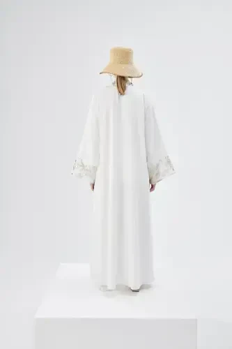 Brocard Trimmed Abaya White & Shawl-white - 4