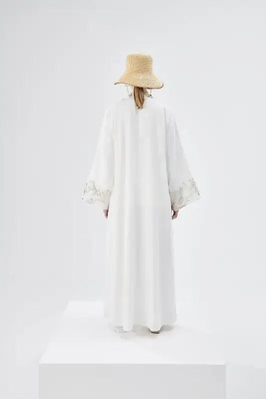 Brocard Trimmed Abaya White & Shawl-white - 4