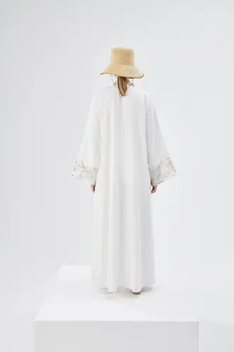 Brocard Trimmed Abaya White & Shawl-white - 5