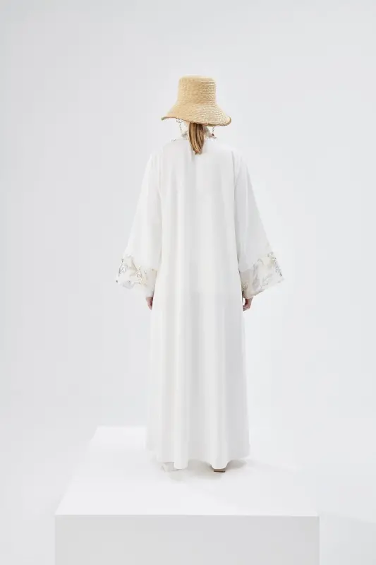 Brocard Trimmed Abaya White & Shawl-white - 5