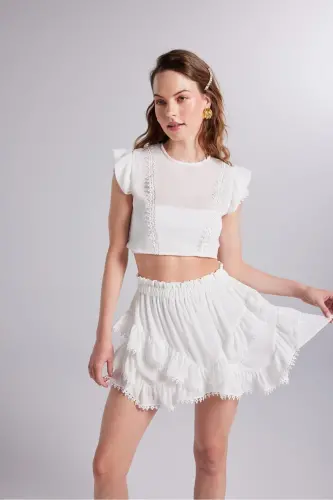 Brode Detaylı Crop Pixie Bluz Beyaz - Beyaz - 1