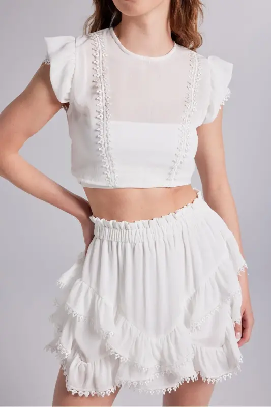 Brode Detaylı Crop Pixie Bluz Beyaz - Beyaz - 6