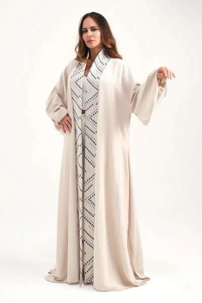 Brokad Tikilgan Zig'ir Kaftan Bej - MAREVER FASHION (1)
