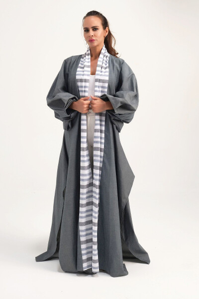 Brokadli zig'ir Kaftan Kulrang - MAREVER FASHION