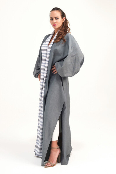 Brokadli zig'ir Kaftan Kulrang - MAREVER FASHION (1)
