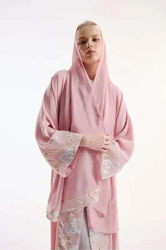 Brokar Garnili Abaya Pembe & Şal-pembe - 5