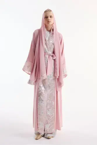 Brokar Garnili Abaya Pembe & Şal-pembe - 6