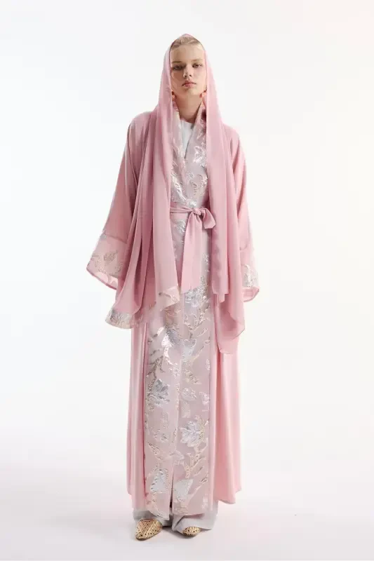 Brokar Garnili Abaya Pembe & Şal-pembe - 6