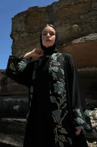 Brokar Garnili Abaya Siyah & Şal-siyah - NUUM DESIGN (1)