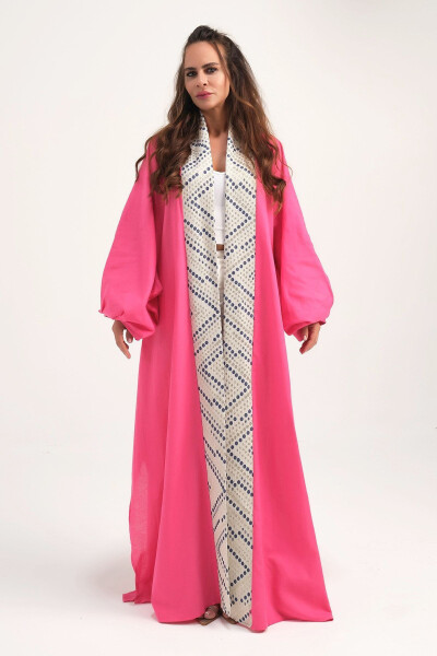 Brokar Tikilgan Zig'ir Kaftan Fuşya - MAREVER FASHION (1)