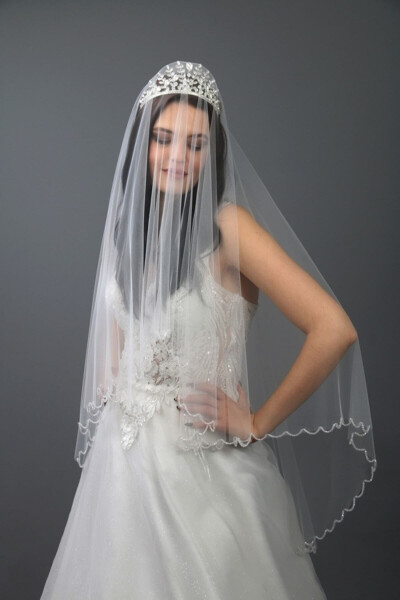 Broken White Bridal Veil - Wedding Veil Crystal Stone Embroidered Two-Layered Comb 1 Meter Long - 2