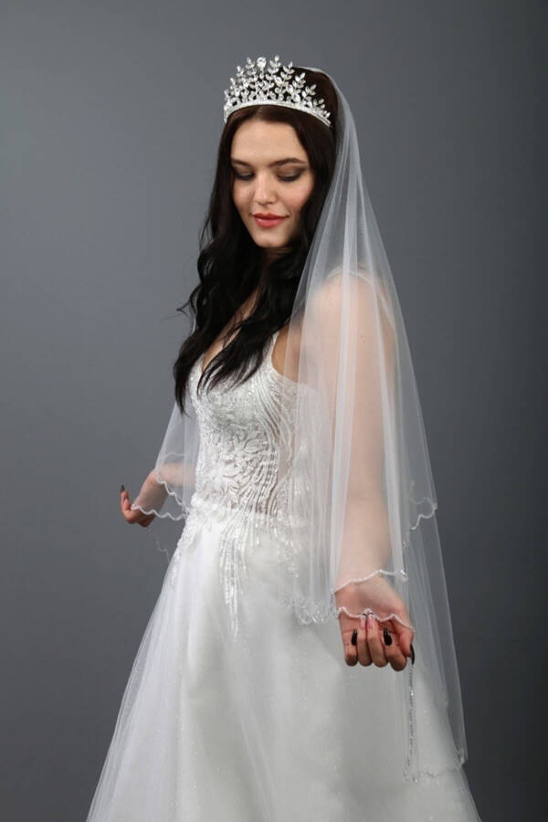 Broken White Bridal Veil - Wedding Veil Crystal Stone Embroidered Two-Layered Comb 1 Meter Long - 3