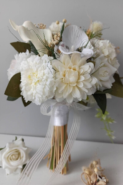 Broken White - Cream Color Dried and Artificial Flower Bridal Bouquet Engagement Flower - Lapel Flower Gift - GENEL MARKALAR
