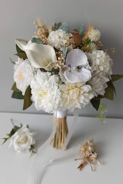 Broken White - Cream Color Dried and Artificial Flower Bridal Bouquet Engagement Flower - Lapel Flower Gift - GENEL MARKALAR (1)