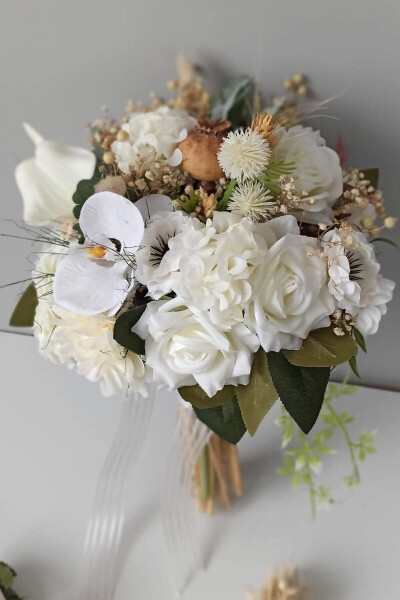 Broken White - Cream Color Dried and Artificial Flower Bridal Bouquet Engagement Flower - Lapel Flower Gift - 3