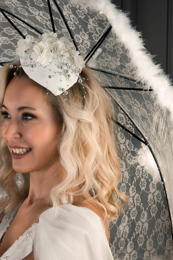 Broken White Feathered Bridal Umbrella - 5