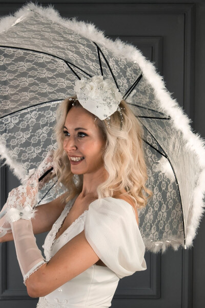 Broken White Feathered Bridal Umbrella - 1