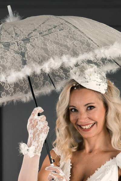 Broken White Feathered Bridal Umbrella - 3