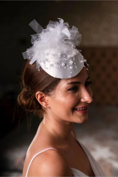Broken White Pearl Feathered Bridal Hat Violet Bonnet - Modazone