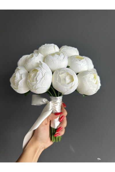 Broken White Peony Bridal Bouquet - White Bridal Flower - Groom Boutonniere 2 Piece Set - LUVIENN