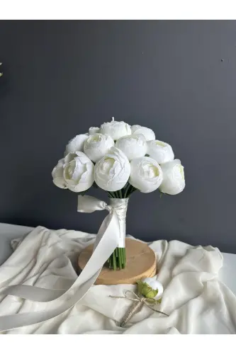 Broken White Peony Bridal Bouquet - White Bridal Flower - Groom Boutonniere 2 Piece Set - LUVIENN (1)