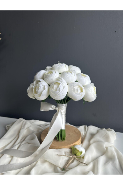 Broken White Peony Bridal Bouquet - White Bridal Flower - Groom Boutonniere 2 Piece Set - 2