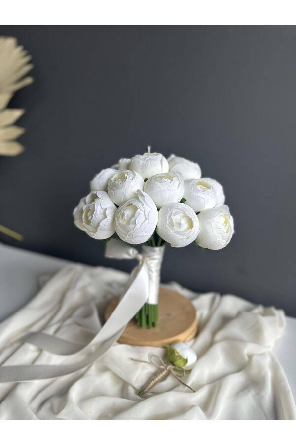 Broken White Peony Bridal Bouquet - White Bridal Flower - Groom Boutonniere 2 Piece Set - 4