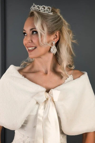 Broken White Satin Bow Fur Stole Wedding Bolero - HAYALPEREST BONCUK