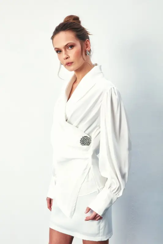 Brooch Detail Crossover Blouse - ECRU-ECRU - SATEEN