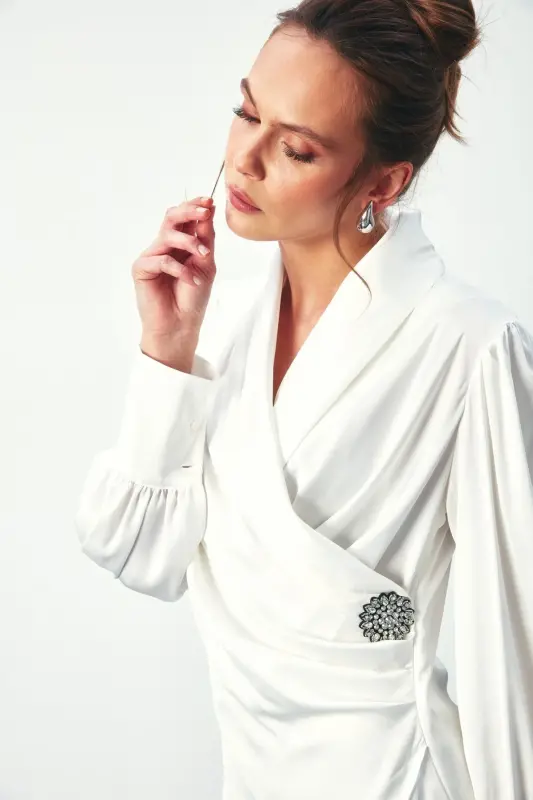 Brooch Detail Crossover Blouse - ECRU-ECRU - 2