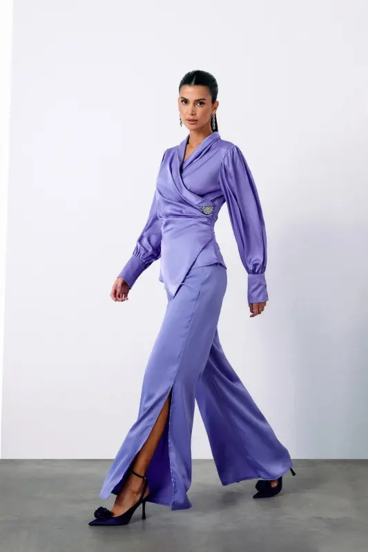 Brooch Detail Wrap Blouse - LILAC-LILAC - SATEEN