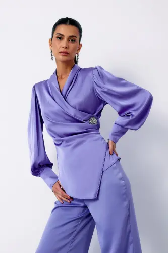 Brooch Detail Wrap Blouse - LILAC-LILAC - 2