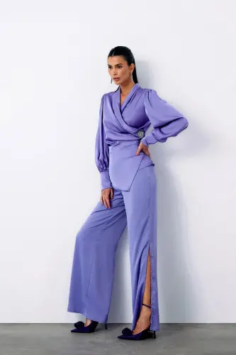 Brooch Detail Wrap Blouse - LILAC-LILAC - 4