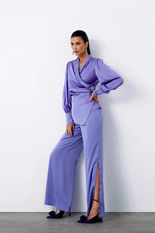 Brooch Detail Wrap Blouse - LILAC-LILAC - 4