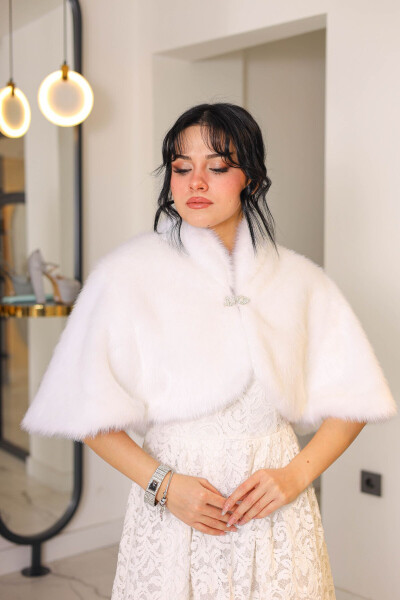 Brooch Detailed Bridal Shawl, Collar Bolero White Shawl Bridal Imitation Fur - 3