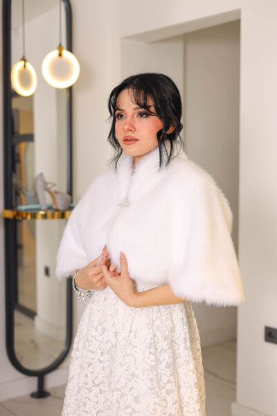 Brooch Detailed Bridal Shawl, Collar Bolero White Shawl Bridal Imitation Fur - 4