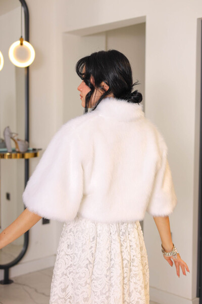 Brooch Detailed Bridal Shawl, Collar Bolero White Shawl Bridal Imitation Fur - 5