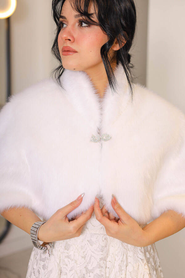 Brooch Detailed Bridal Shawl, Collar Bolero White Shawl Bridal Imitation Fur - 6