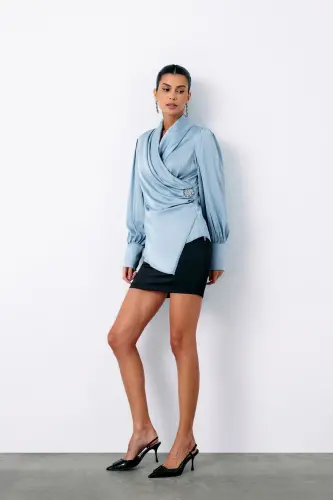 Brooch Detailed Crossover Blouse - BABY BLUE-BABY BLUE - 2