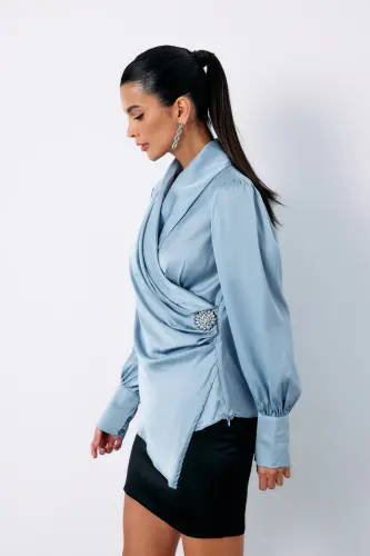 Brooch Detailed Crossover Blouse - BABY BLUE-BABY BLUE - 3