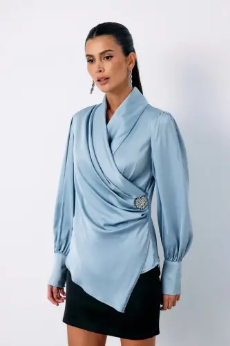 Brooch Detailed Crossover Blouse - BABY BLUE-BABY BLUE - 5