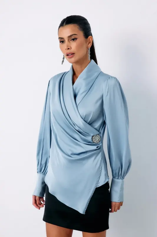 Brooch Detailed Crossover Blouse - BABY BLUE-BABY BLUE - 5