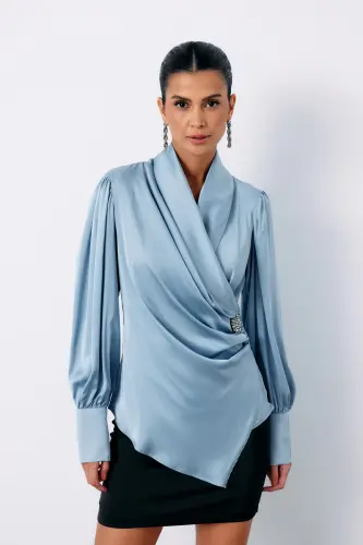 Brooch Detailed Crossover Blouse - BABY BLUE-BABY BLUE - 6