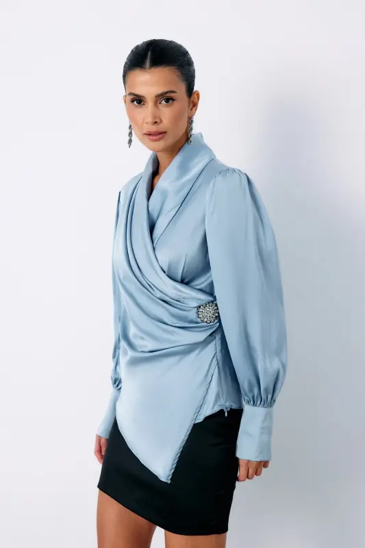 Brooch Detailed Crossover Blouse - BABY BLUE-BABY BLUE - 7