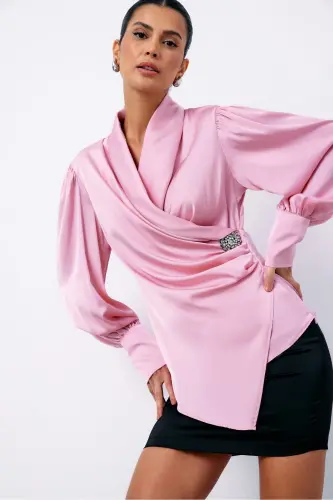 Brooch Detailed Crossover Blouse - PINK-PINK - 2