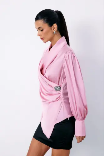 Brooch Detailed Crossover Blouse - PINK-PINK - 3