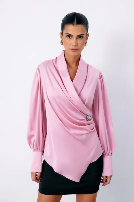 Brooch Detailed Crossover Blouse - PINK-PINK - 4