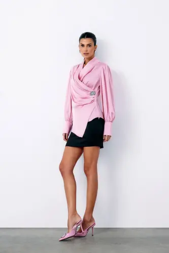 Brooch Detailed Crossover Blouse - PINK-PINK - 5